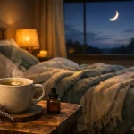 غرفة نوم هادئة مع شاي أعشاب وخزامى تعكس علاج الأرق بشكل طبيعي وتحسين جودة النوم (see the generated image above)