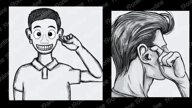 معنى لمس الأذن بلغة الجسد لغة الجسد بالصور التوضيحية. رسم بقلم رصاص لشخصين يلمسان أذنيهما.